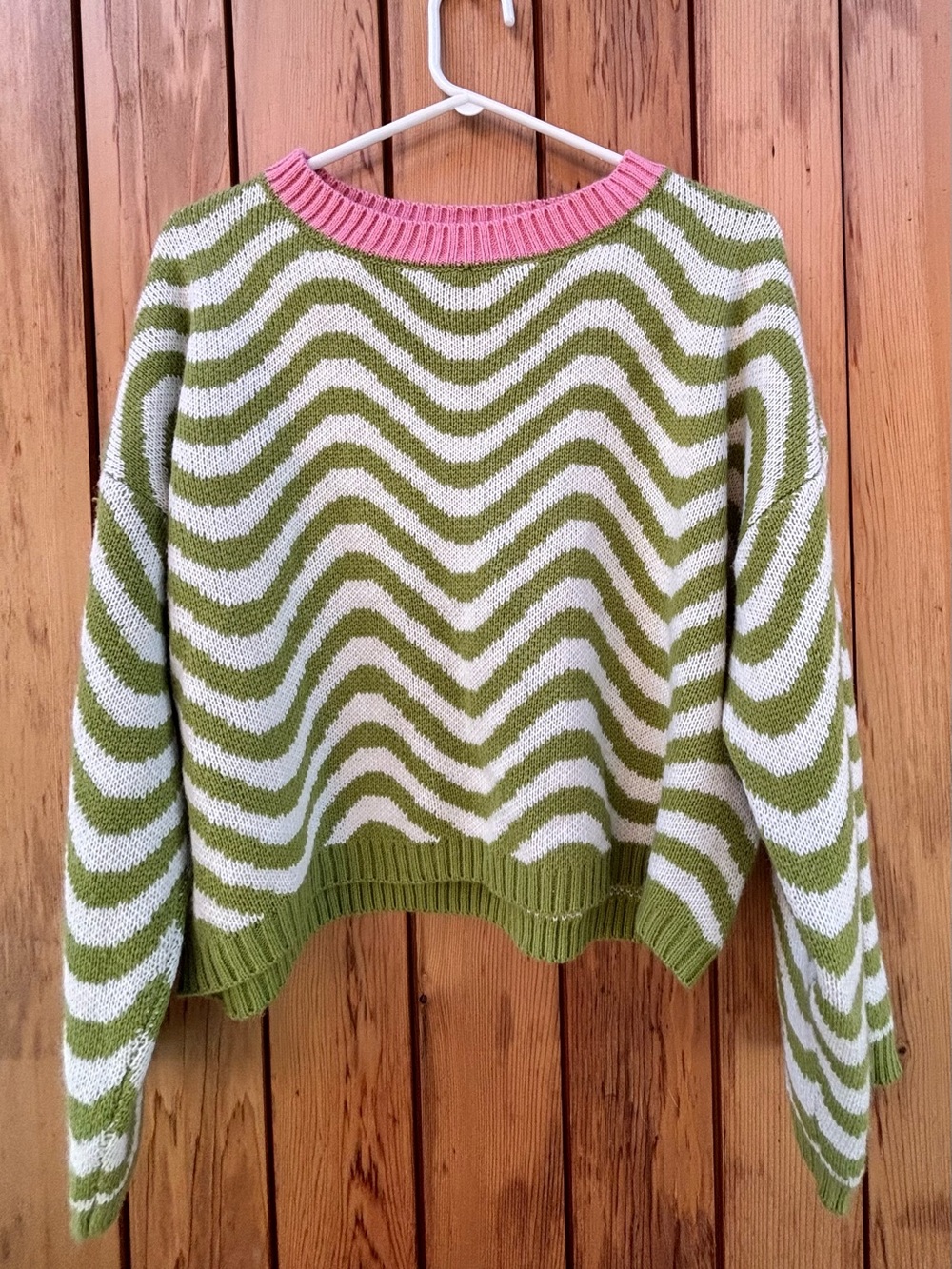 SHEIN Olive Green Pink Wave Pattern Knit Cropped Sweater Size S